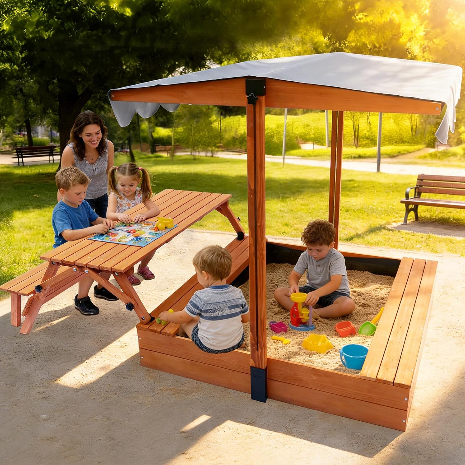 Wooden Sandbox with Lid, Outdoor Sandbox with Foldable Picnic Table, Sandpit with UV-Resistant & Adjustable Capony