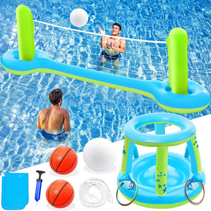 Pool Toys Games Set - 3 in 1 Pool Volleyball Net Basketball Hoop Ring Toss Game Inflatable Floats Water Floating