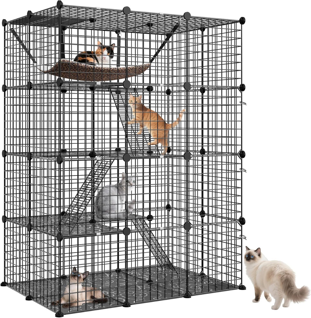 4-Tier Cat Cage Indoor Cat Enclosures DIY Cat Playpen Detachable Metal Wire Kennels with Extra Large Hammock for