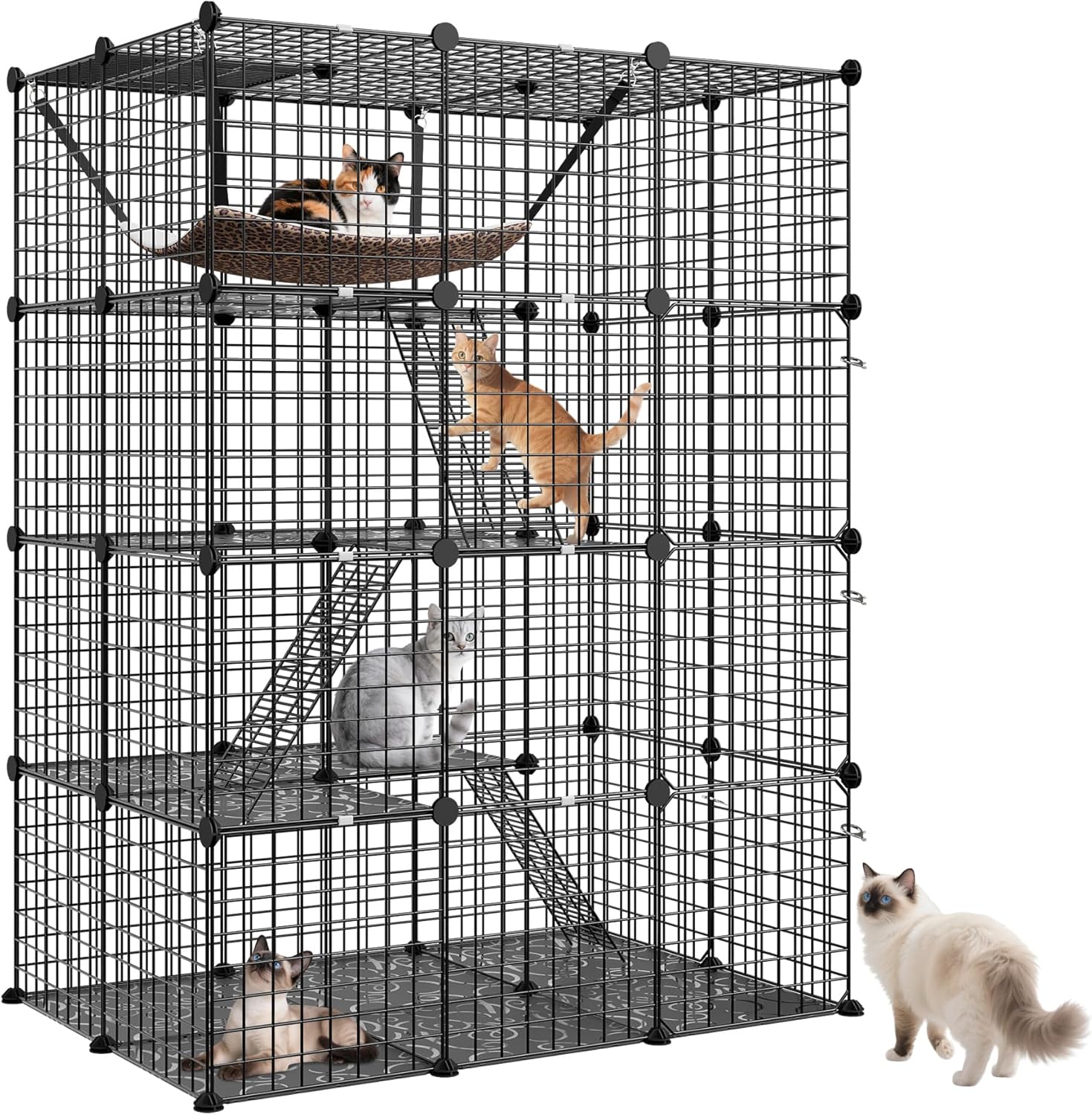 4-Tier Cat Cage Indoor Cat Enclosures DIY Cat Playpen Detachable Metal Wire Kennels with Extra Large Hammock for