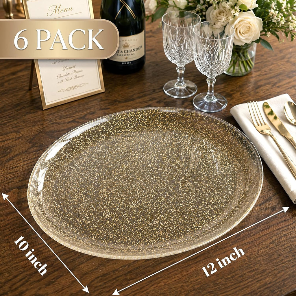 6Pack Gold Glitter Plastic Serving Trays Serving Platters for Party