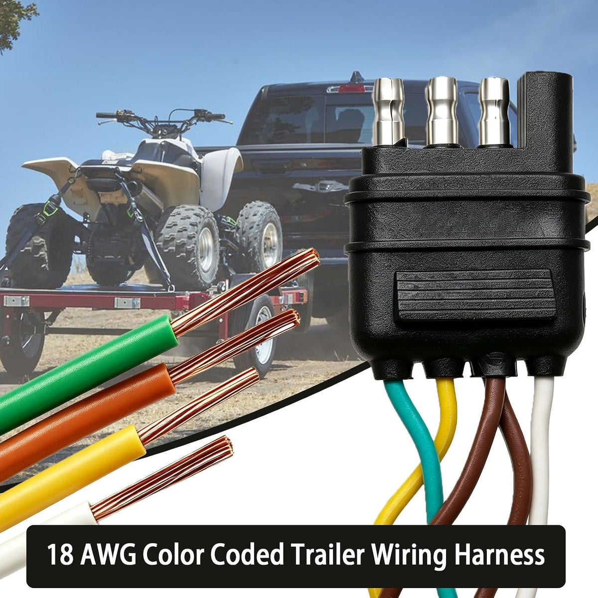 25ft 4 Wire 4-Flat Trailer Light Wiring Harness Extension Kit, Trailer Wiring Harness with 18 Gauge White Ground Wire