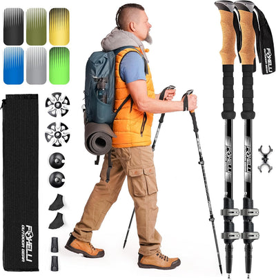 Trekking Poles – Lightweight Collapsible Aircraft Grade Aluminum Hiking Poles with Cork Grips Quick Locks &