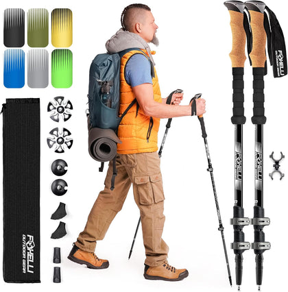 Trekking Poles – Lightweight Collapsible Aircraft Grade Aluminum Hiking Poles with Cork Grips Quick Locks &