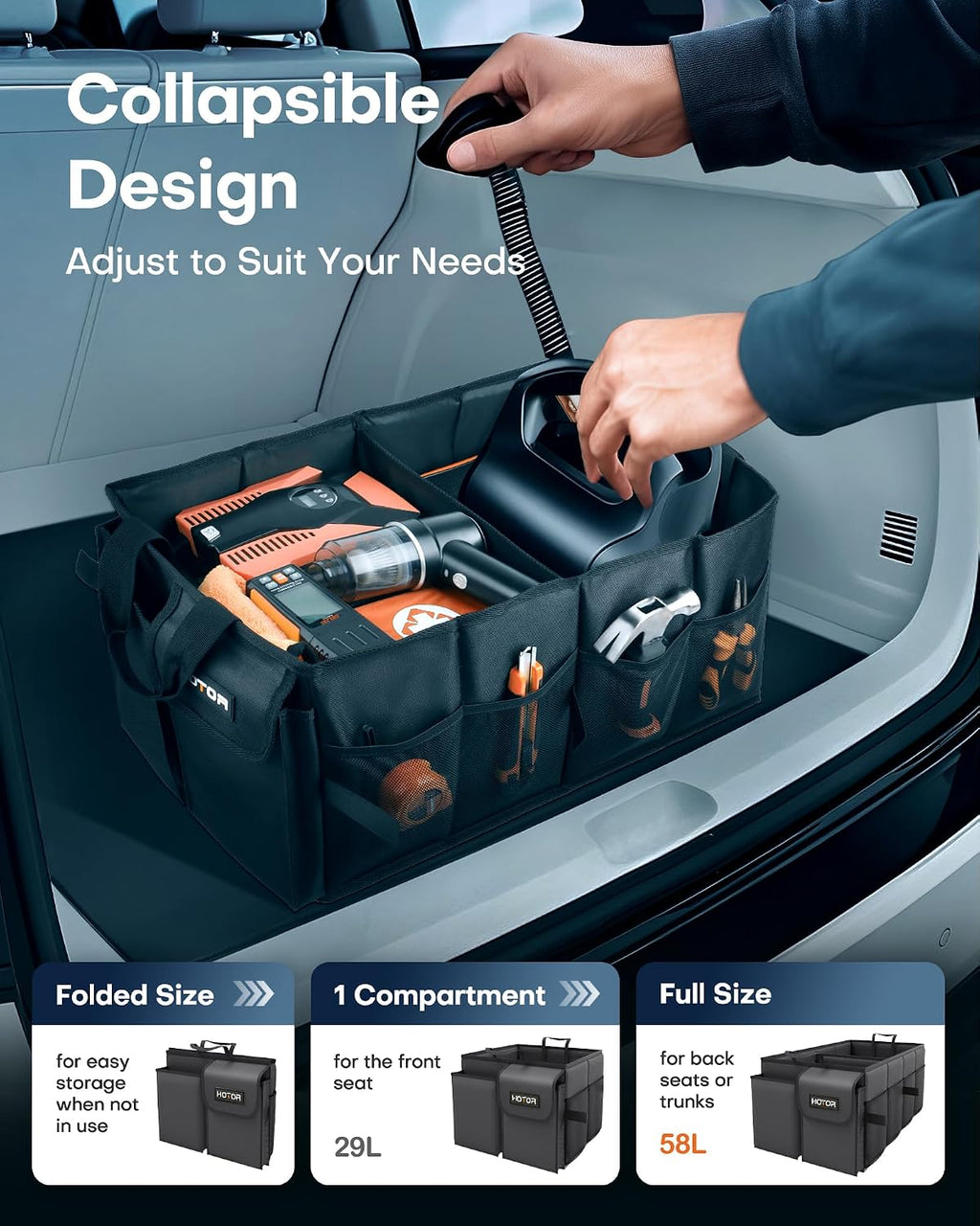 Foldable Trunk Organizer - SUVs & Sedans, Sturdy Car Organization With 2 Compartments, Black, 23.6"×14.2"×10.6"