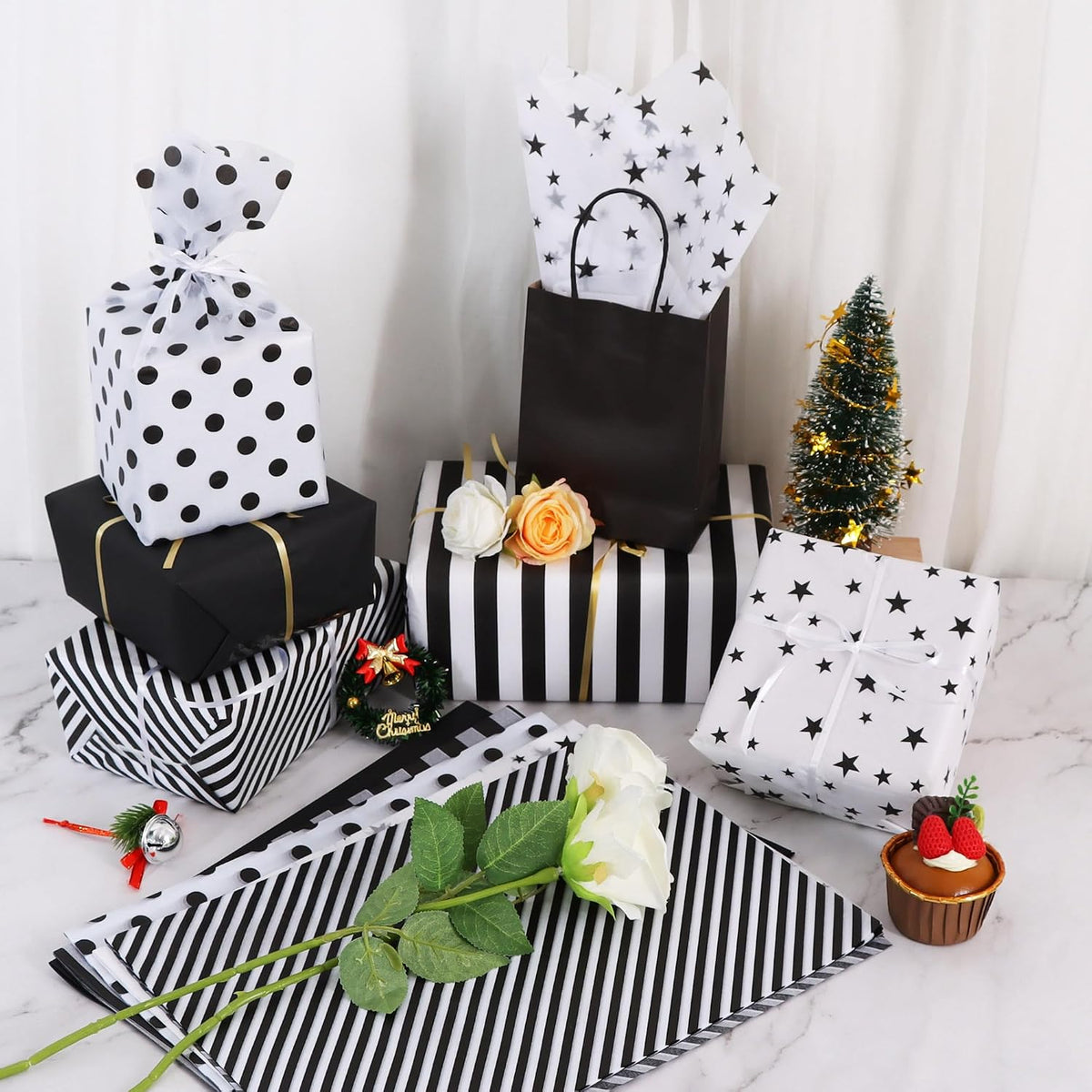 100 Sheets Black White Tissue Paper Bulk for Gift Wrapping Bags