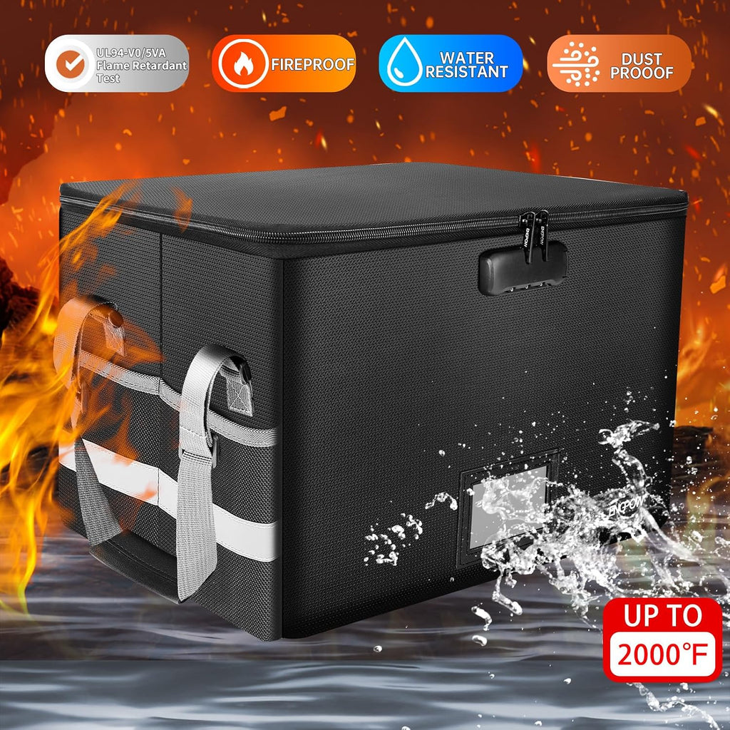 File Box with Lock, Fireproof Document Box with Pockets, Collapsible File Organizer Filing Storage Cabinet with