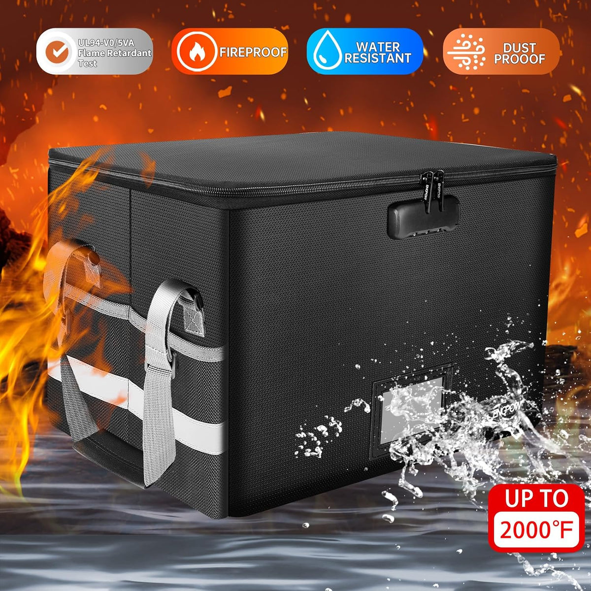 File Box with Lock, Fireproof Document Box with Pockets, Collapsible File Organizer Filing Storage Cabinet with