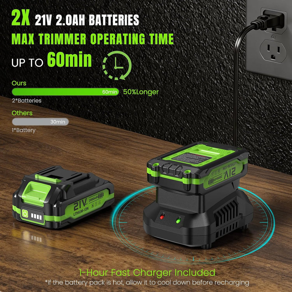 Hedge Trimmer Cordless 22" - 2 x 21V Batteries & Fast Charger, Easy to Use | 3200RPM Powerful Motor, Electric, 2.0Ah