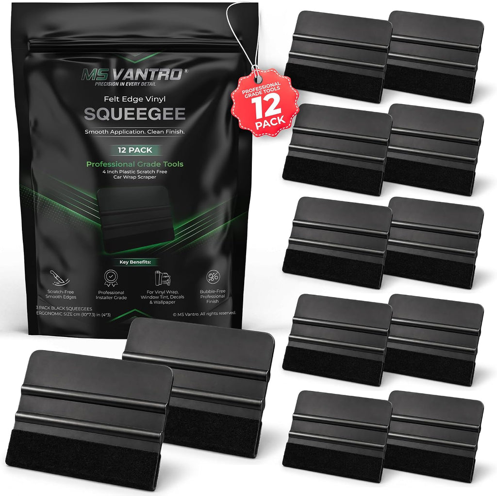Professional Value 12 Pack PP Black Felt Edge Vinyl Squeegee Tool 4 Inch Plastic Scratch Free Car Wrap Scraper Decal