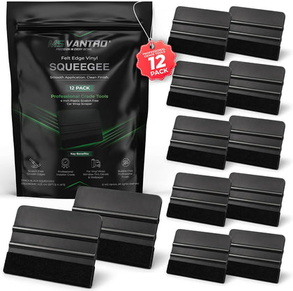 Professional Value 12 Pack PP Black Felt Edge Vinyl Squeegee Tool 4 Inch Plastic Scratch Free Car Wrap Scraper Decal