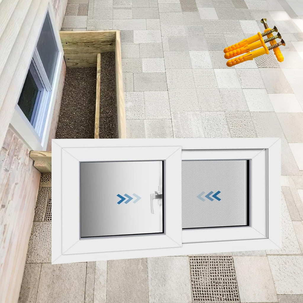 Basement Sliding Windows, Shed Windows with Tempered Glass and Fiberglass Screen, Includes Expansion Screws, for