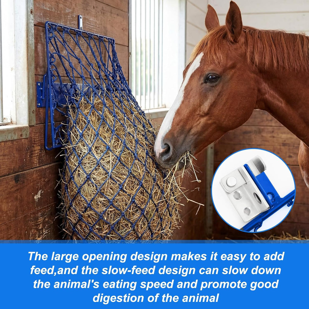 2 Set Wall Mount Hay Feeder for Horse Goats Hay Rack with Net, Blue