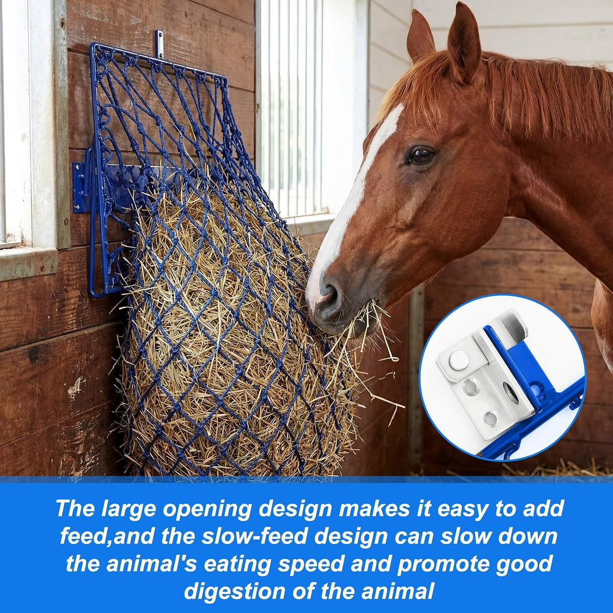 2 Set Wall Mount Hay Feeder for Horse Goats Hay Rack with Net, Blue