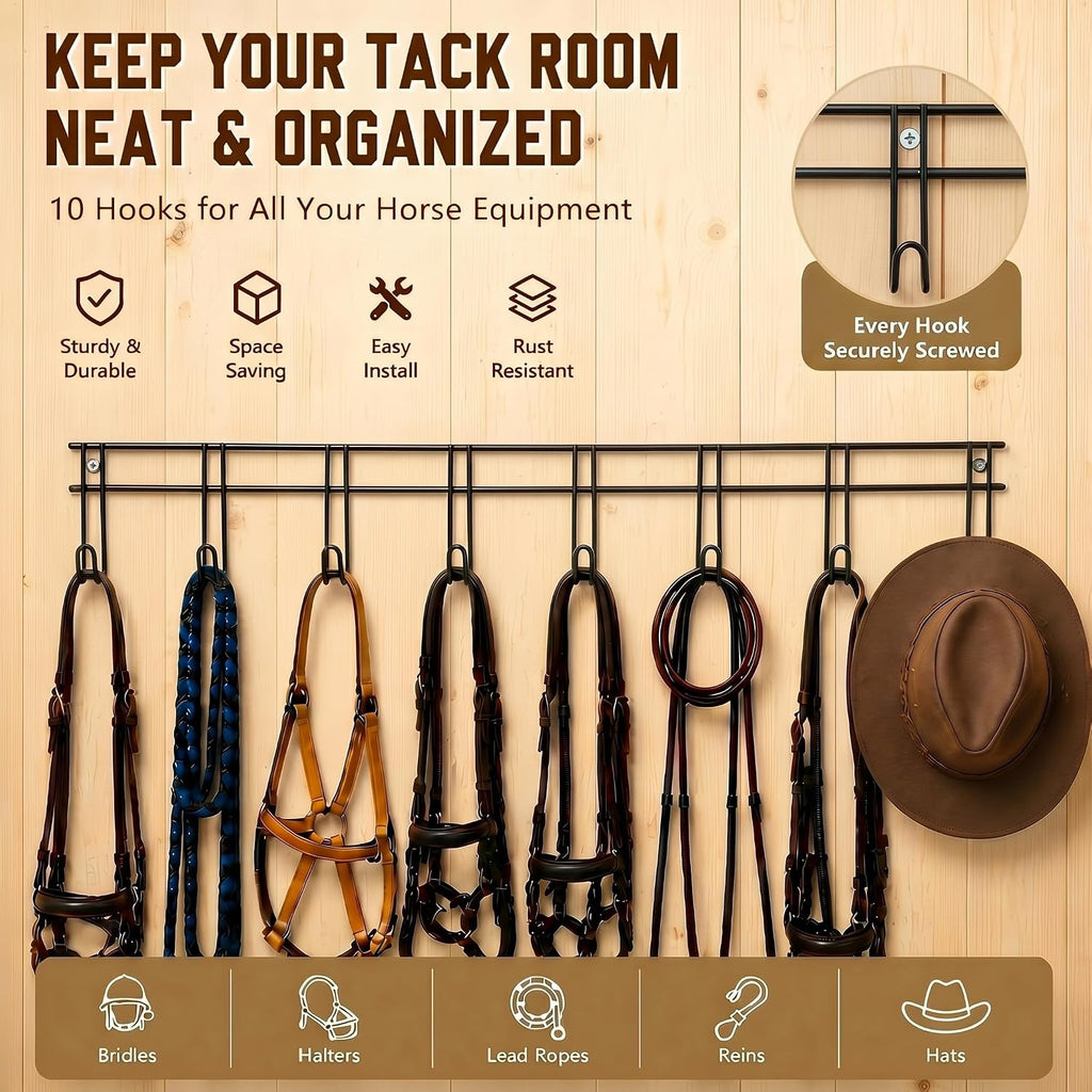 10 Hook 2 Pcs Bridle Hooks Tack Room Metal Wall Hangers Rack, Black