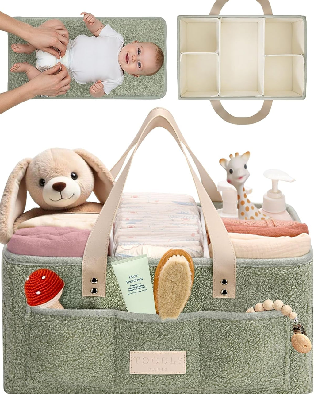 Baby Diaper Caddy Organizer with Portable Changing Mat - Teddy Fleece Diaper Organizer for Changing Table - Basket