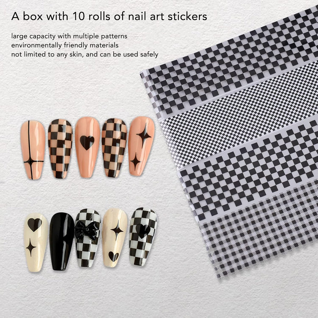1 Box Nail Foil Transfer Stickers Decals, Print Black White Plaid Nail Art Sticker, DIY Nail Art Design Tool Stickers