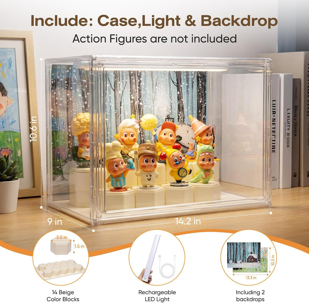 Clear Acrylic Display Cases for Collectibles with LED Light,DIY Scene, with Backdrop, No Dust , No Moisture, for