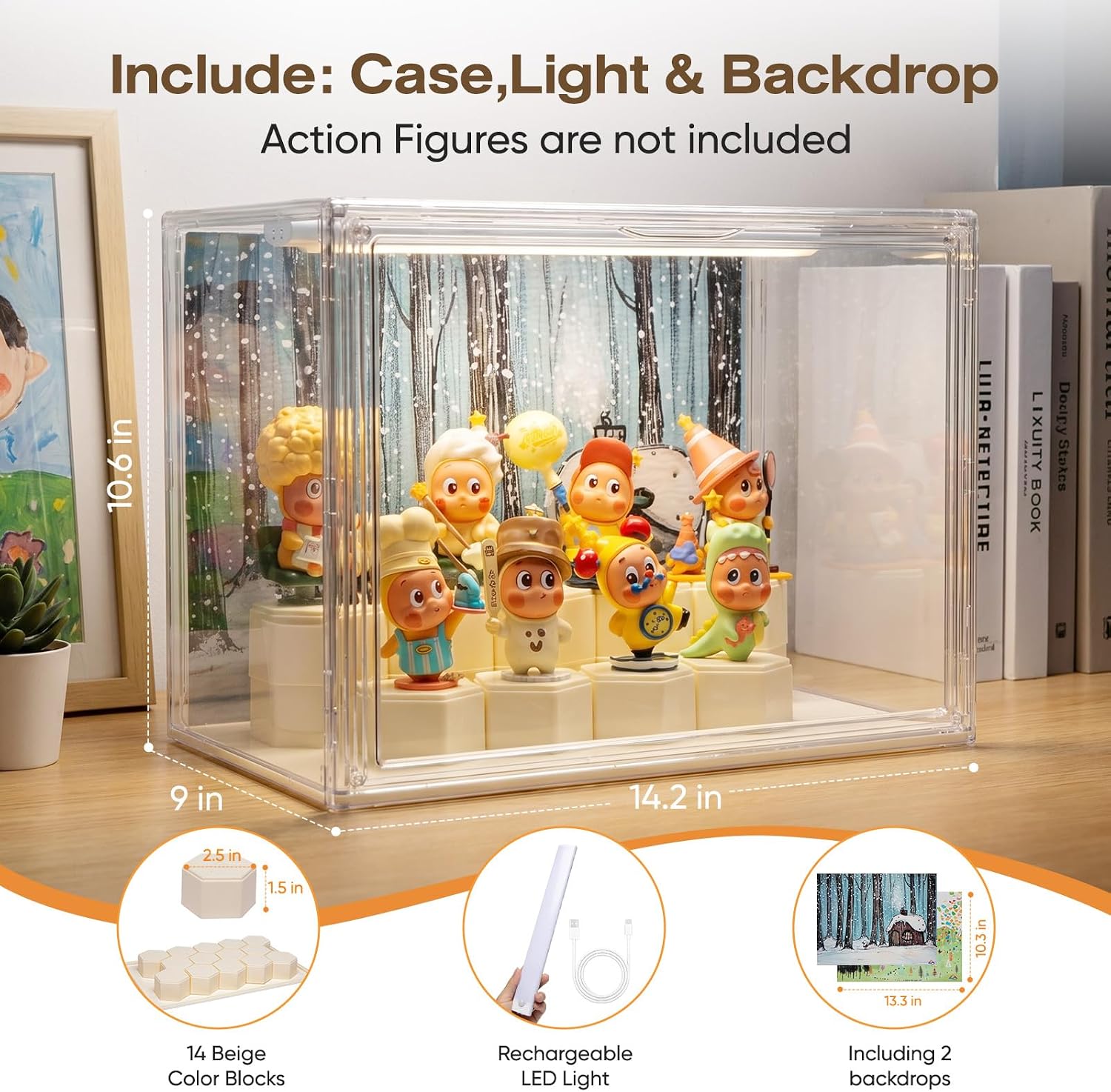Clear Acrylic Display Cases for Collectibles with LED Light,DIY Scene, with Backdrop, No Dust , No Moisture, for