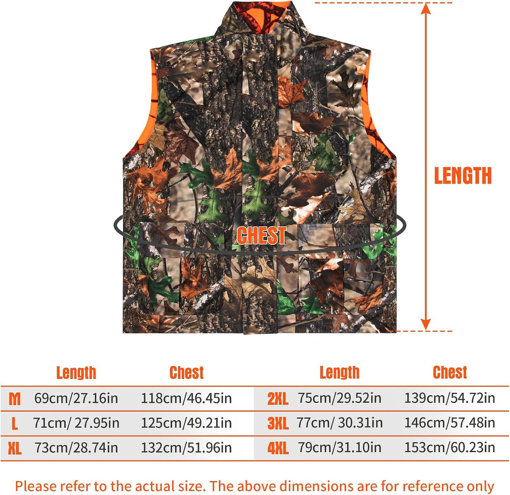 Reversible Camo & Orange Hunting Vest, Big Game Vest Jacket, M-4XL | Warm Fleece, Blaze Orange Camo, Silent