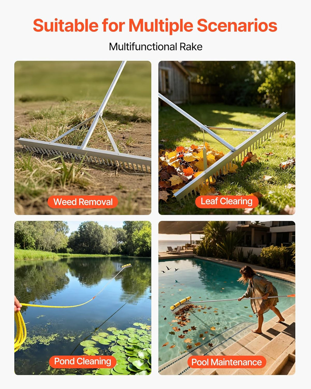 Landscape Rake, 36 inch Wide Head 133 inch Handle, Large Heavy Duty Aluminum Landscaping Leaf Rake Tool, Asphalt