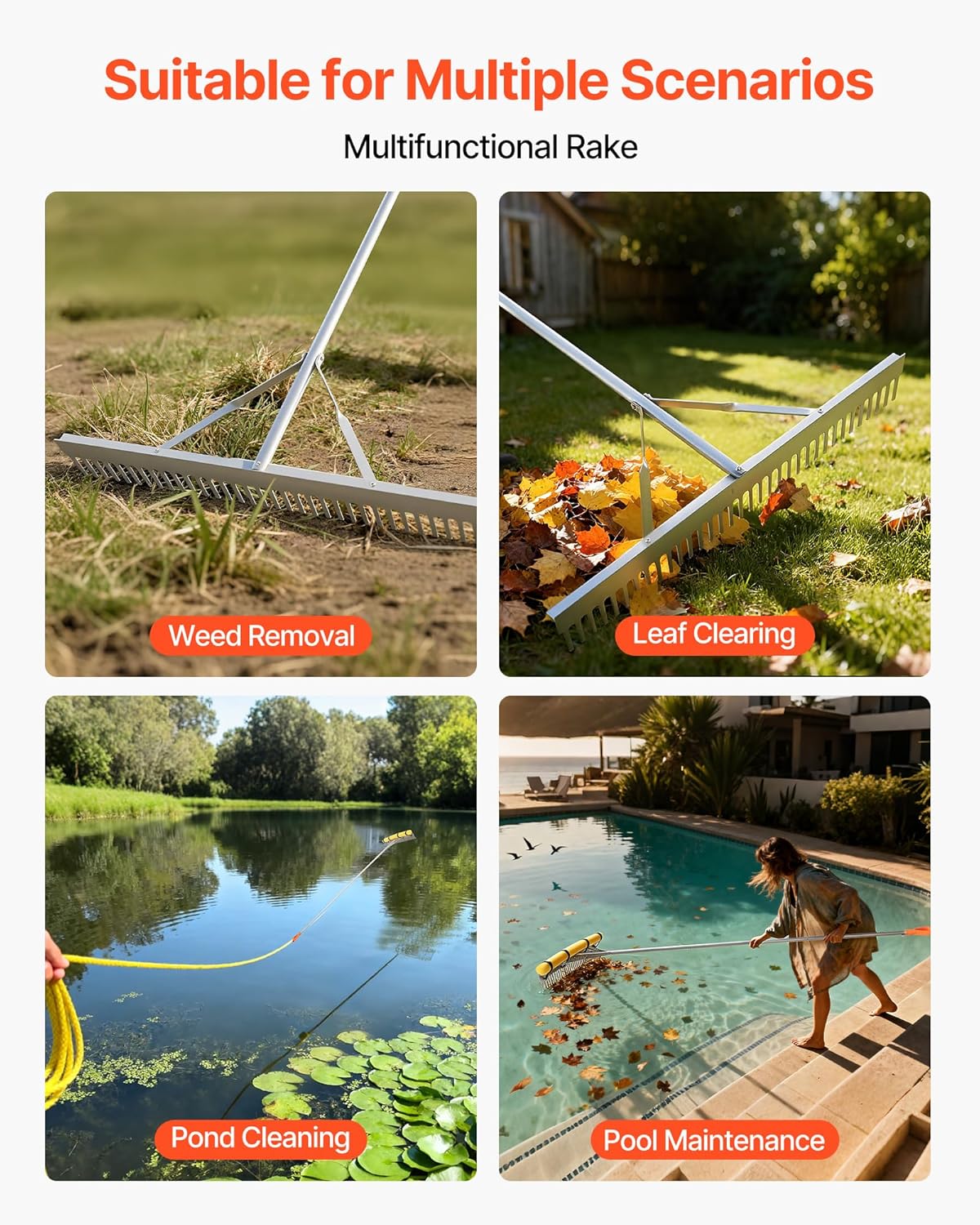 Landscape Rake, 36 inch Wide Head 133 inch Handle, Large Heavy Duty Aluminum Landscaping Leaf Rake Tool, Asphalt