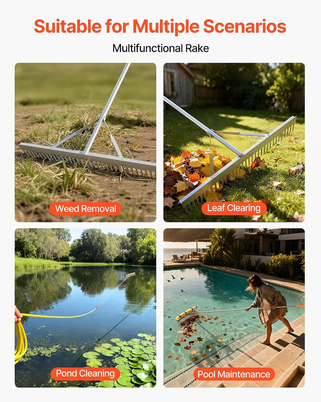 Landscape Rake, 36 inch Wide Head 102 inch Handle, Large Heavy Duty Aluminum Landscaping Leaf Rake Tool, Asphalt
