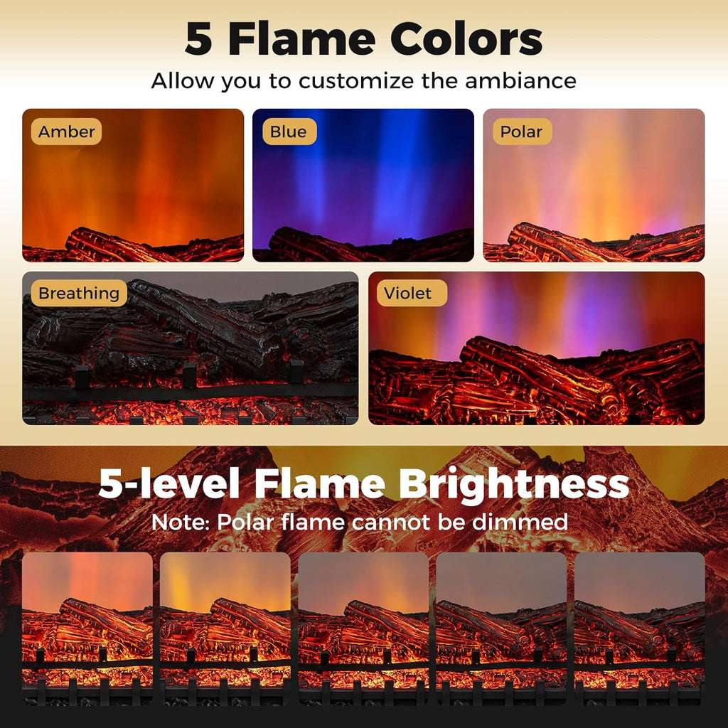 26” Fireplace Logs Heater - Realistic Pinewood, APP, Remote, Alexa, WiFi, Adjustable Flame Color & Brightness, 8H