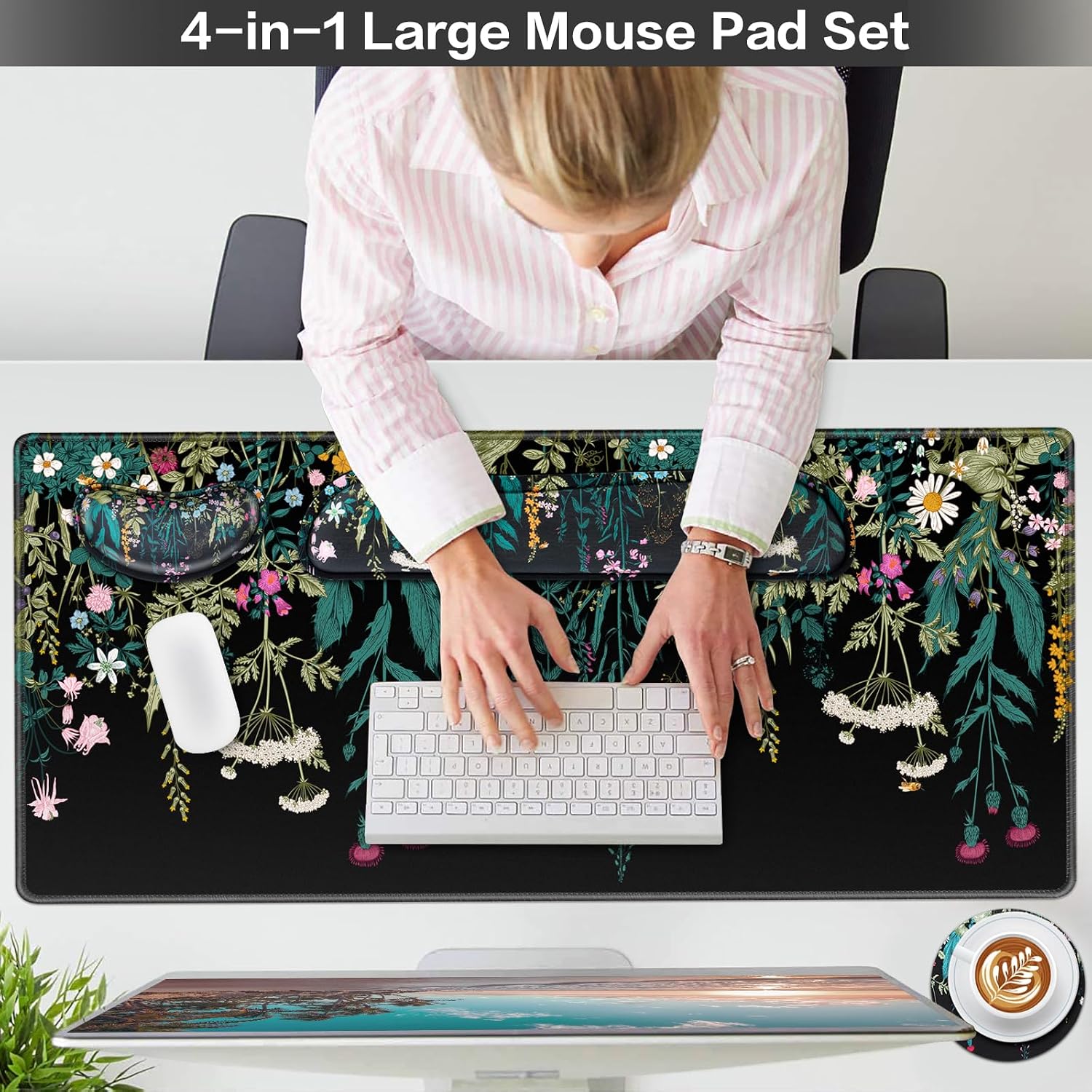 Desk Mat, Large Gaming Mouse Pad with Wrist Rest, 4in1 XXL Mousepad Floral | Keyboard Wrist Rest+Mouse Pad Wrist