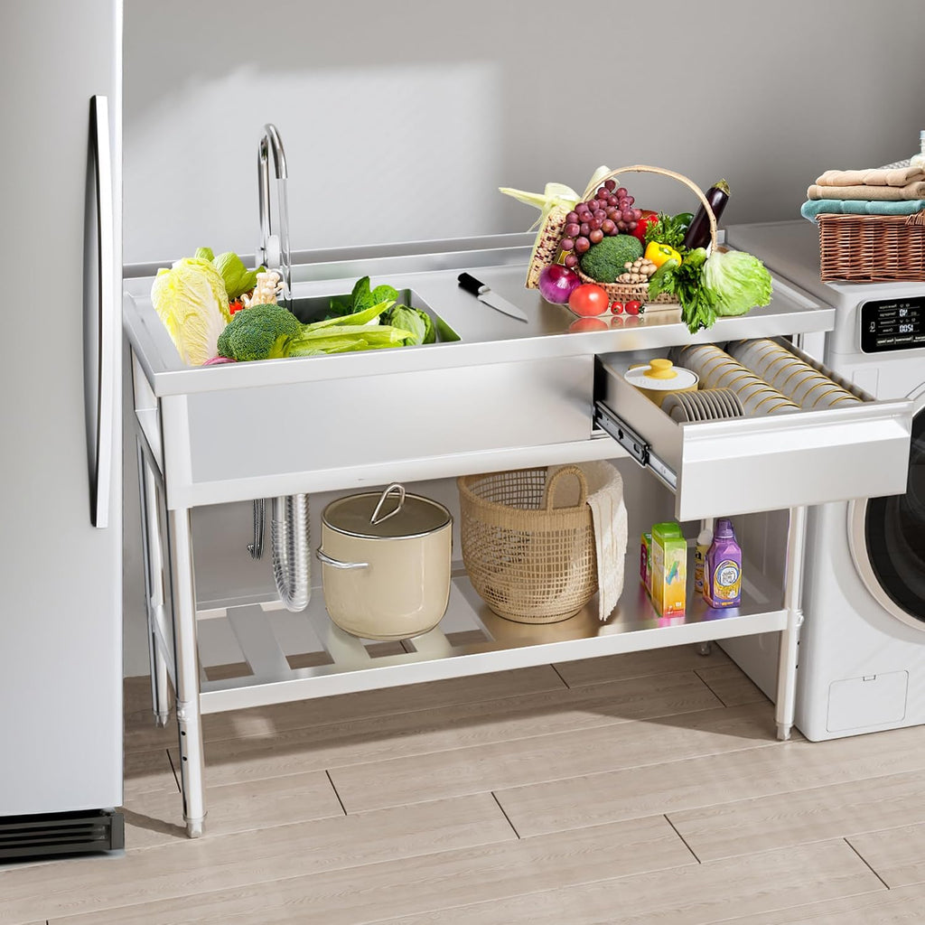 304 Stainless Steel Utility Sink – Free Standing Single Bowl with Workbench, Storage Drawer & Faucet, Hot and Cold