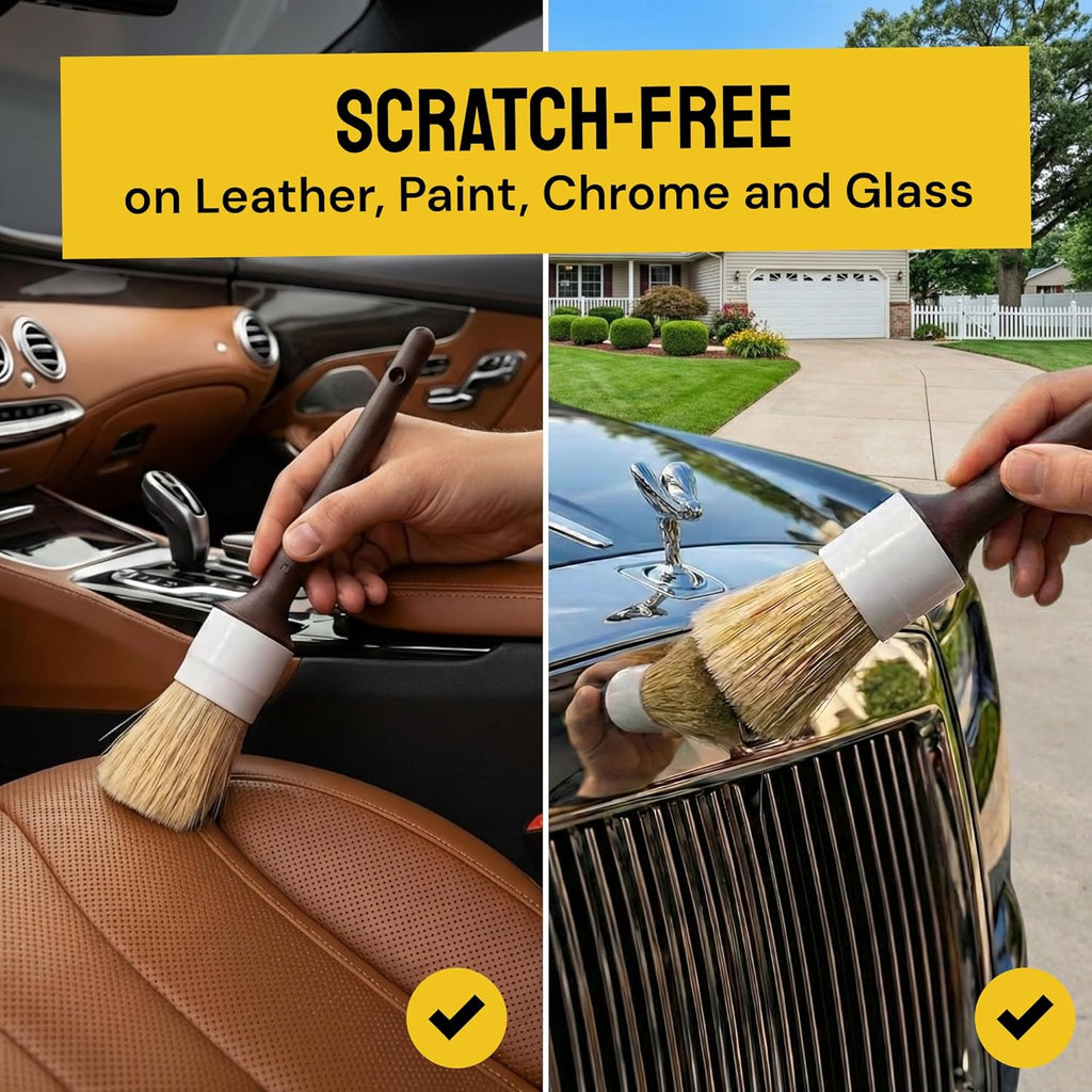 Car Detailing Brush Set 3-Pack - Soft Boar Hair Interior & Exterior Detailing Kit - Car Interior Cleaning Brushes for