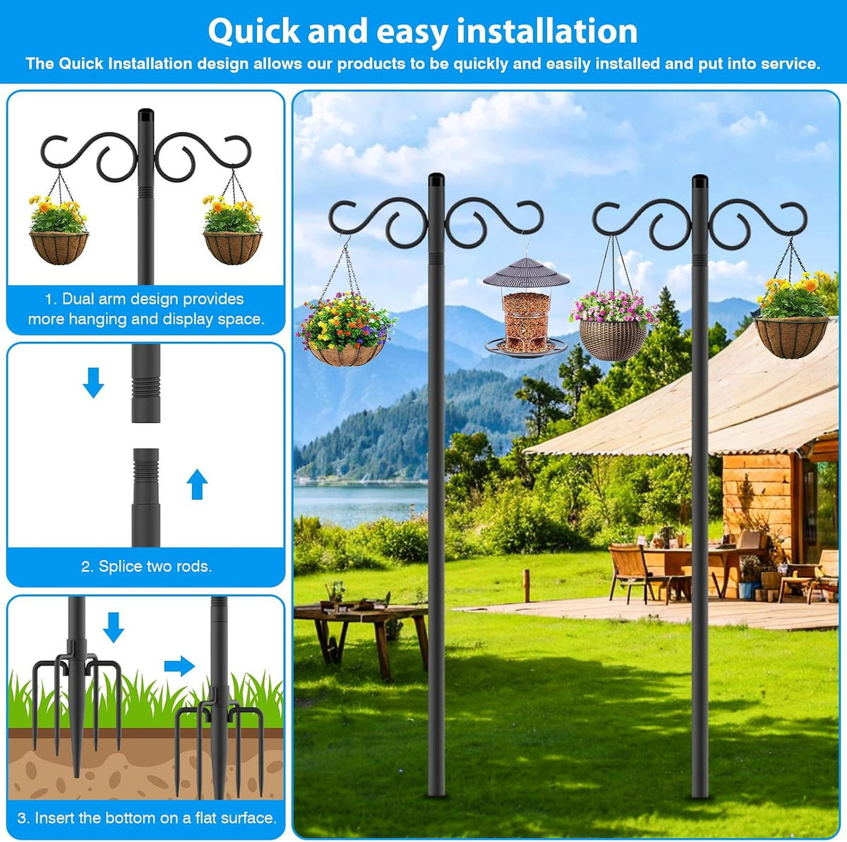 90 Inch 2 Pack Adjustable Shepherds Hooks for Outdoor with 5 Prong Base Heavy Duty Outdoor Garden Shepherds Hooks