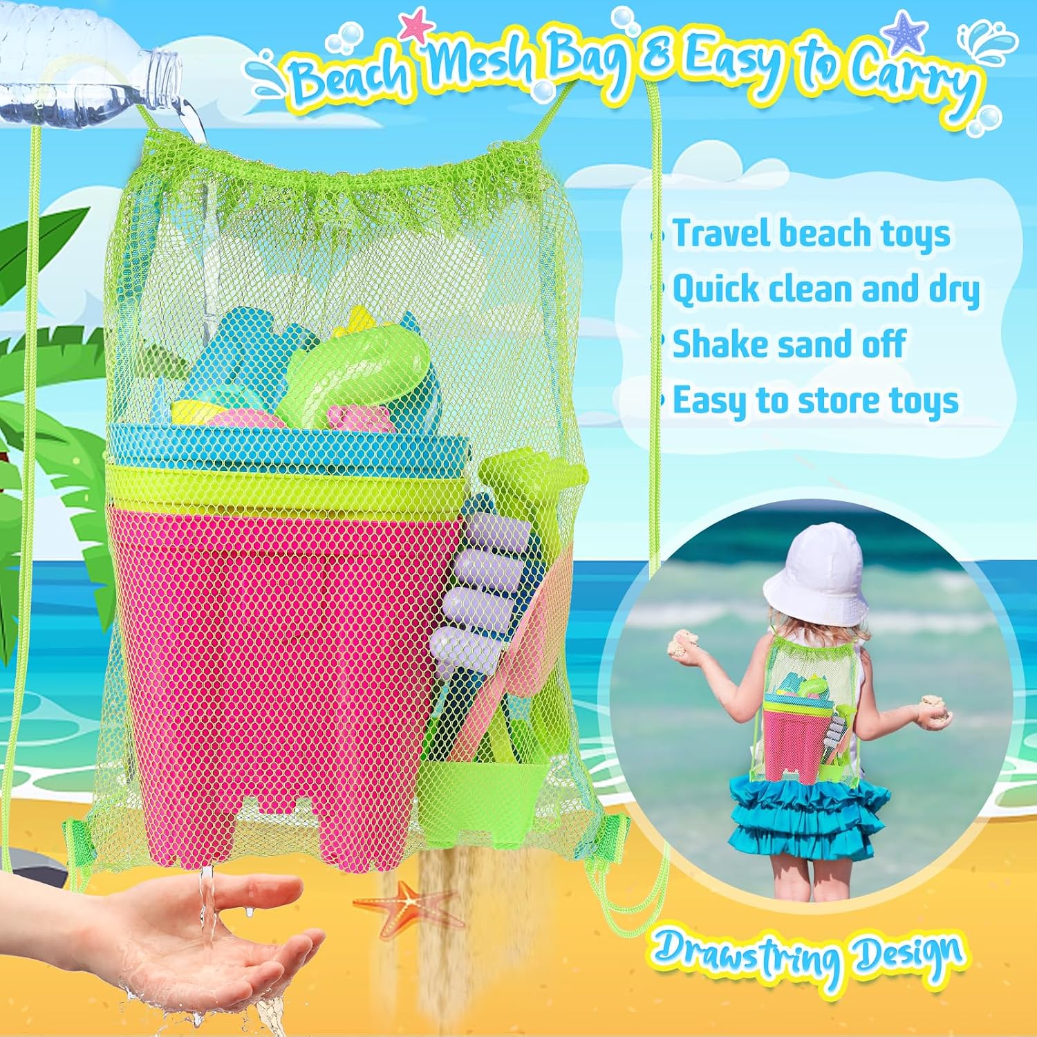 Beach Toys with 3 Castle Buckets, Sand Molds for Kids Ages 3-12 | Sand Castle Molds, Mesh Bags, Shovel for Sandcastle