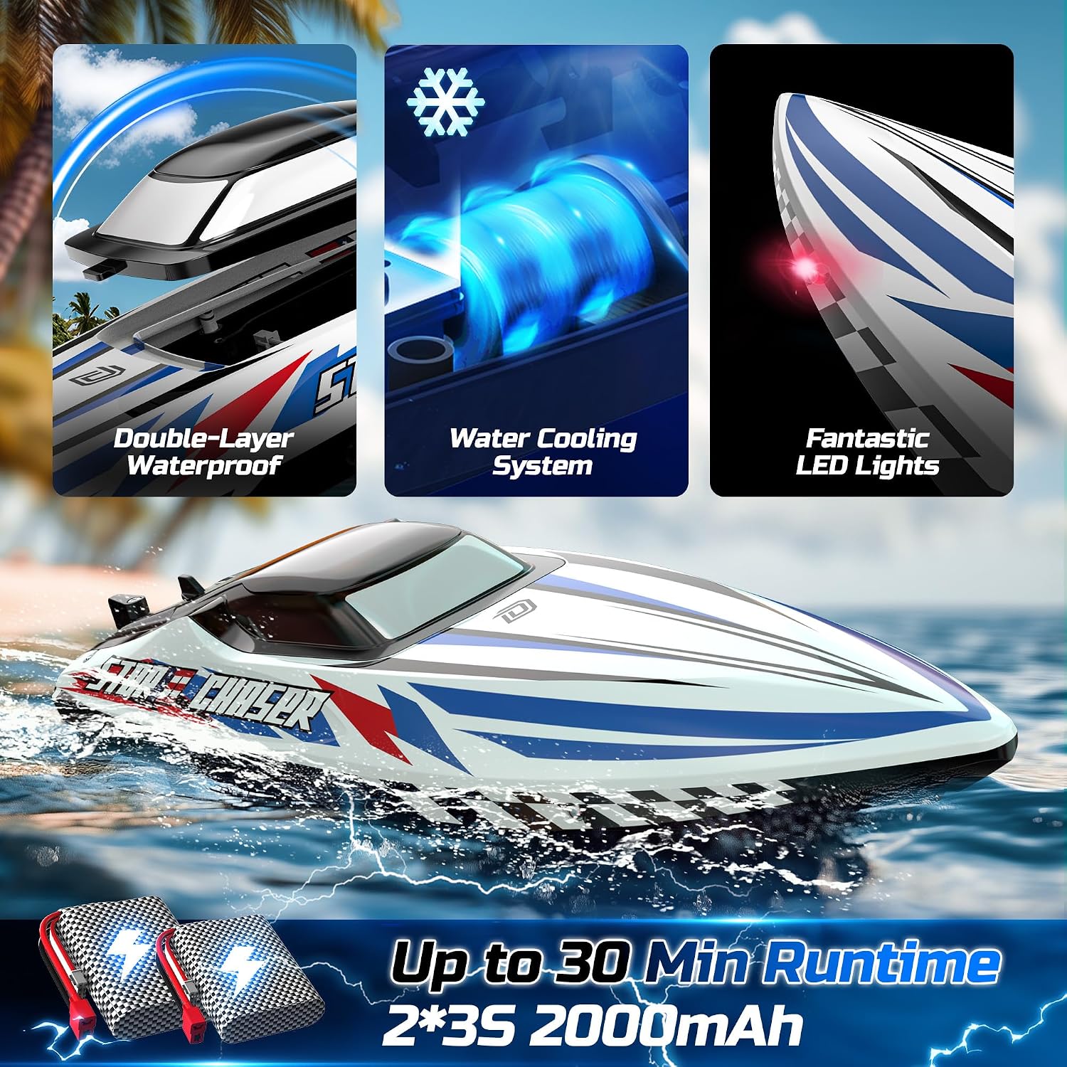 16" Brushless RC Boat for Adults, 35+ KPH, Self-Righting, 2 Batteries | 3S Power, Capsize Recovery, Carrying Case