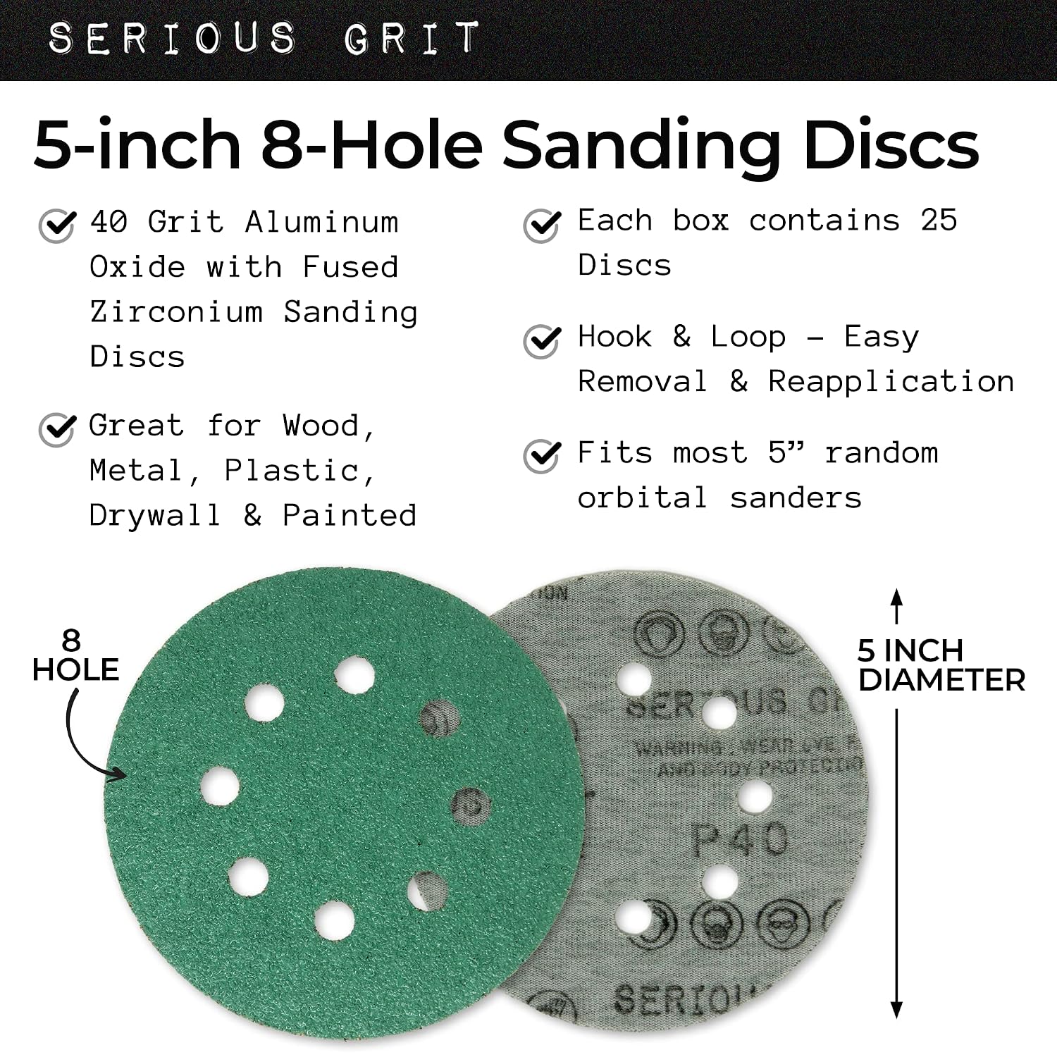 5-Inch 8-Hole P40 Grit Sanding Discs - 25 Pack Box | Fits 5" Random Orbital Sanders - Heavy-Duty Hook & Loop Wet/Dry