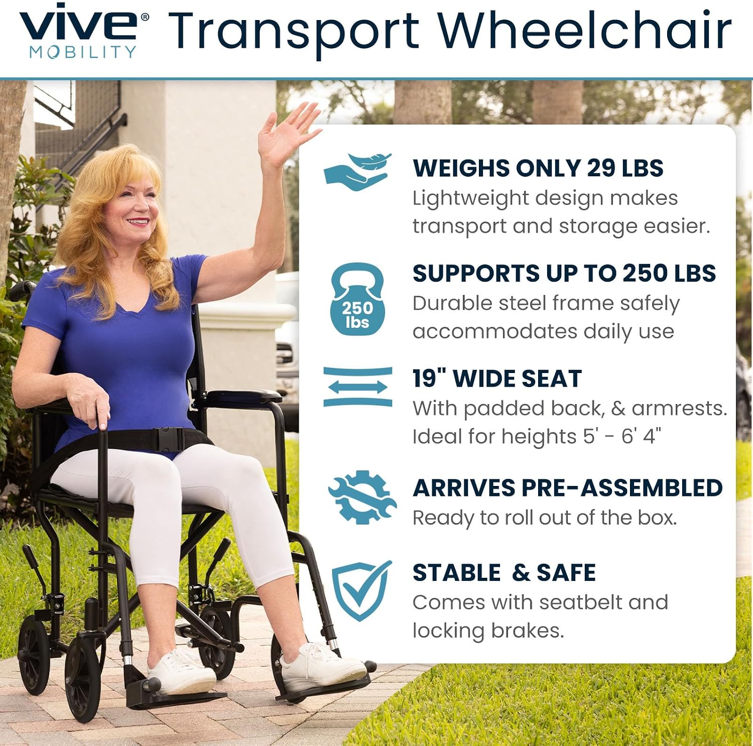Vive Lightweight Transport Wheelchair for Seniors - Portable, Folding, 19''
