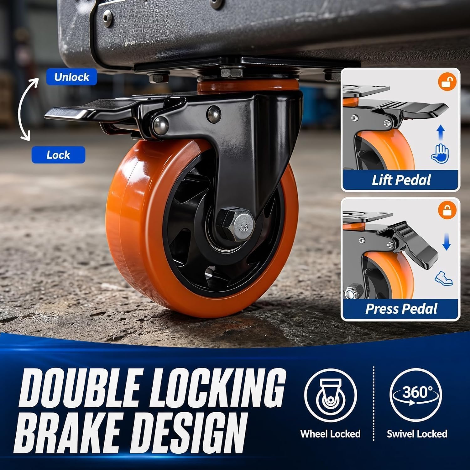 4 Inch Caster Wheels, Heavy Duty Swivel Casters Set of 4 with Brake Load 2200lbs, Industrial Plate Casters, No Noise