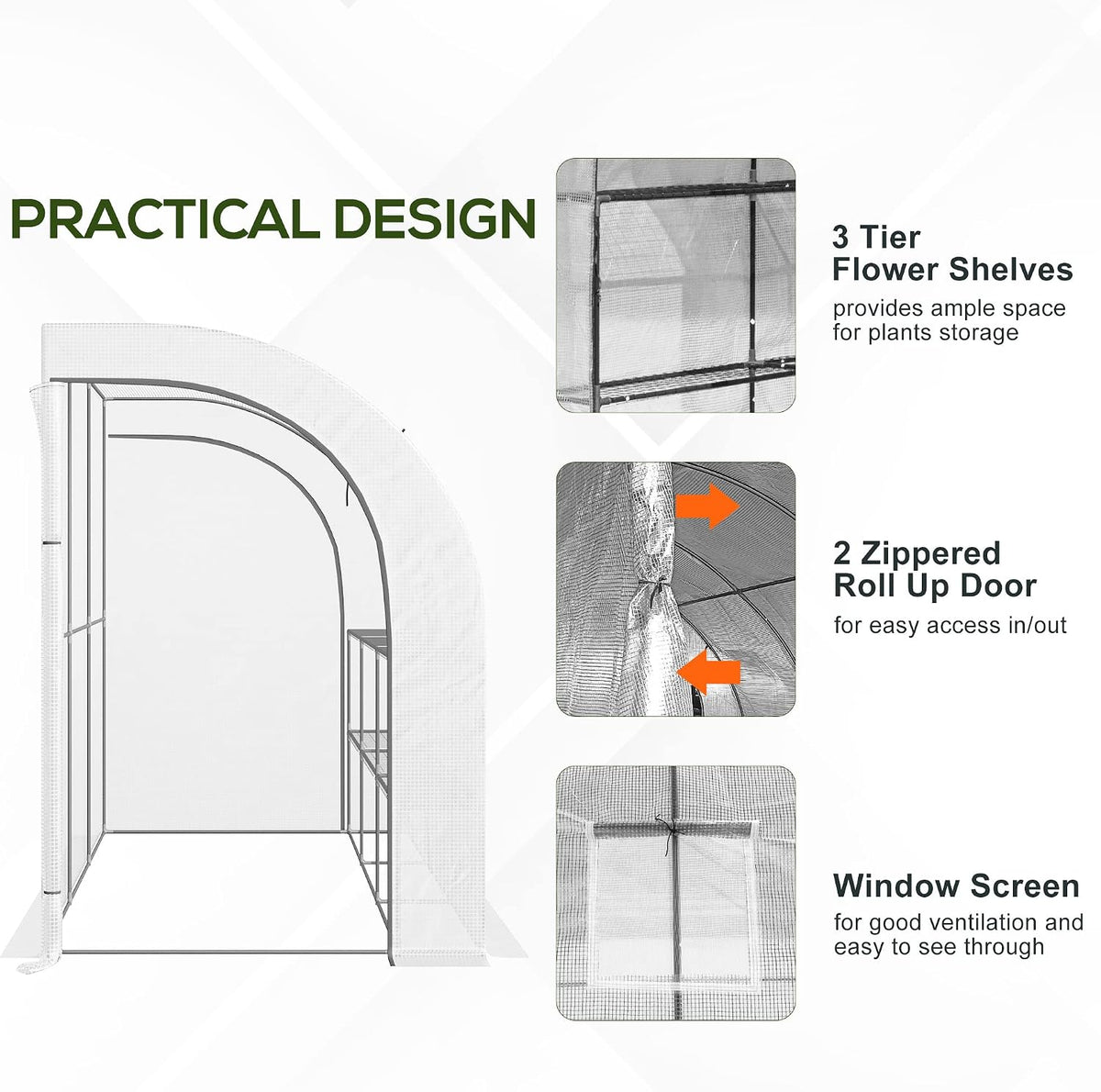 10' x 5' x 7' Lean to Greenhouse Walk-in Green House White | Plant Nursery, 2 Roll-up Doors, Windows, PE Cover, 3