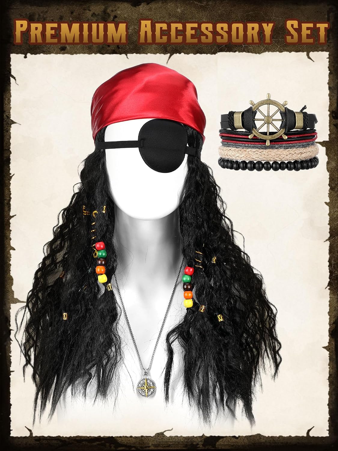 25 Pcs Pirate Costume Accessories Women Pirate Wig with Hair Net Hat Sash Belt Striped Skirt Eye Mask Snake Hair