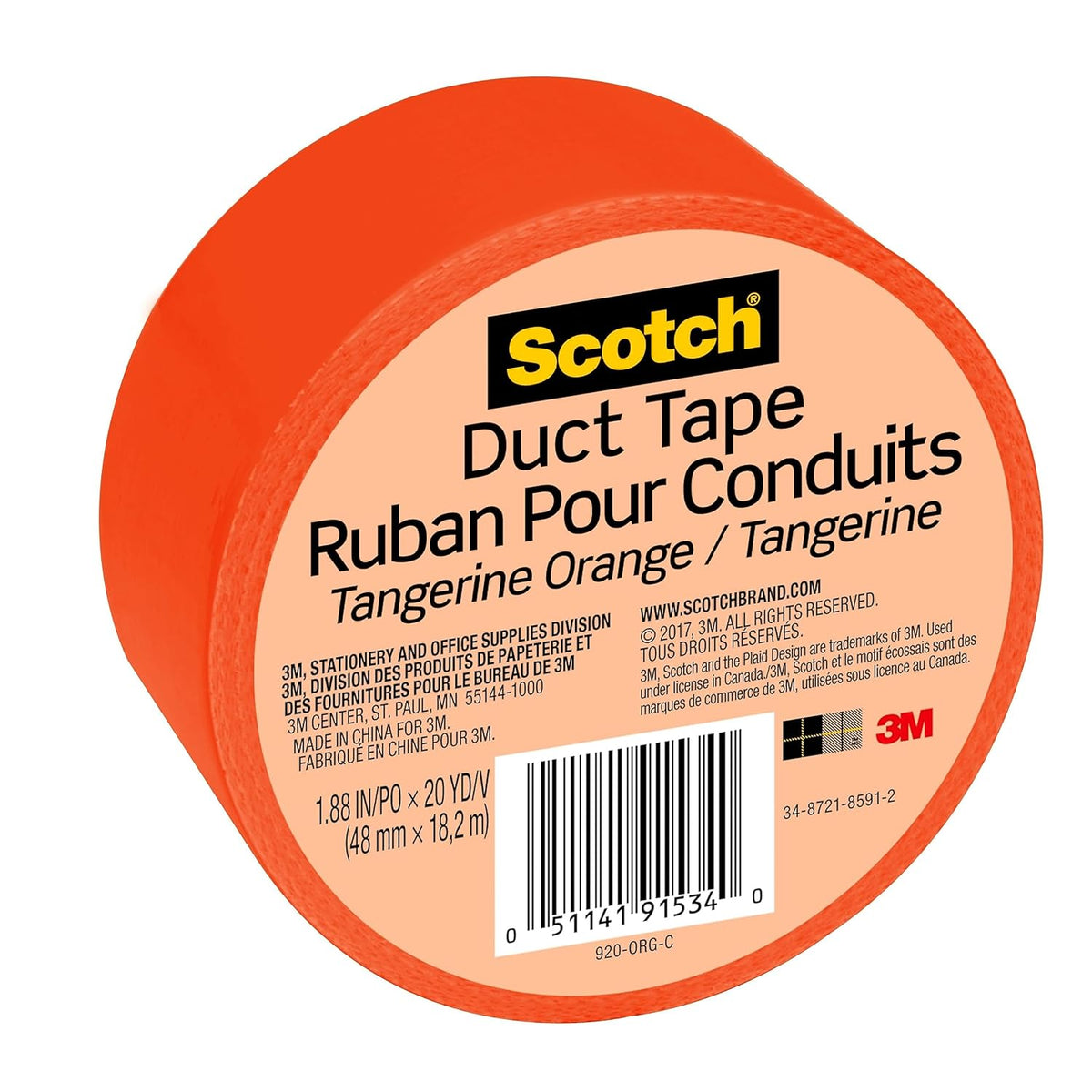 Duct Tape, 1.88 in x 20 yd, Tangerine Orange, 1 Roll (920-ORG-C)