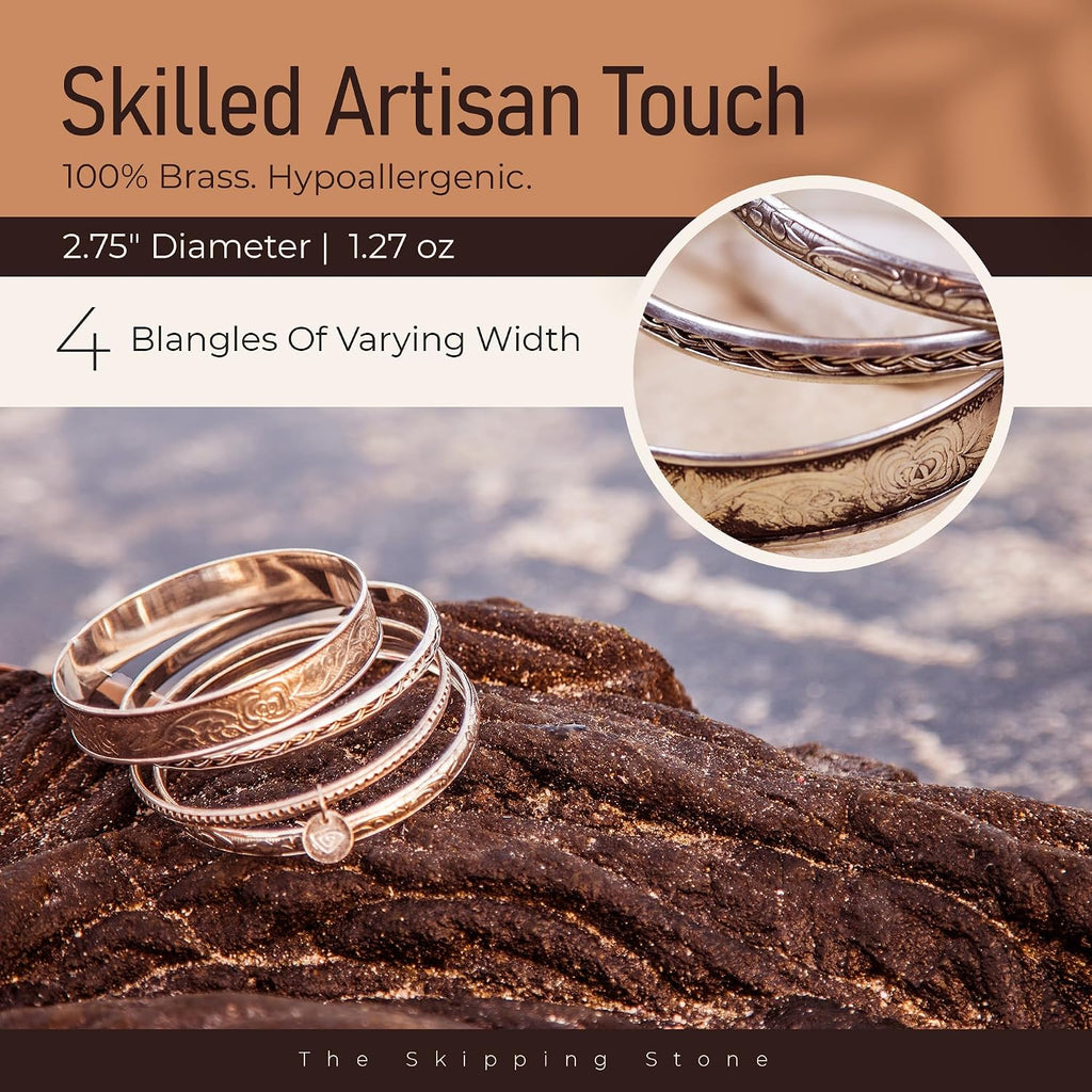 Alia Bangle Bracelets Set - Set of 4 Handmade Brass Bangles with Silver Plating - Durable & Lightweight Bangles for