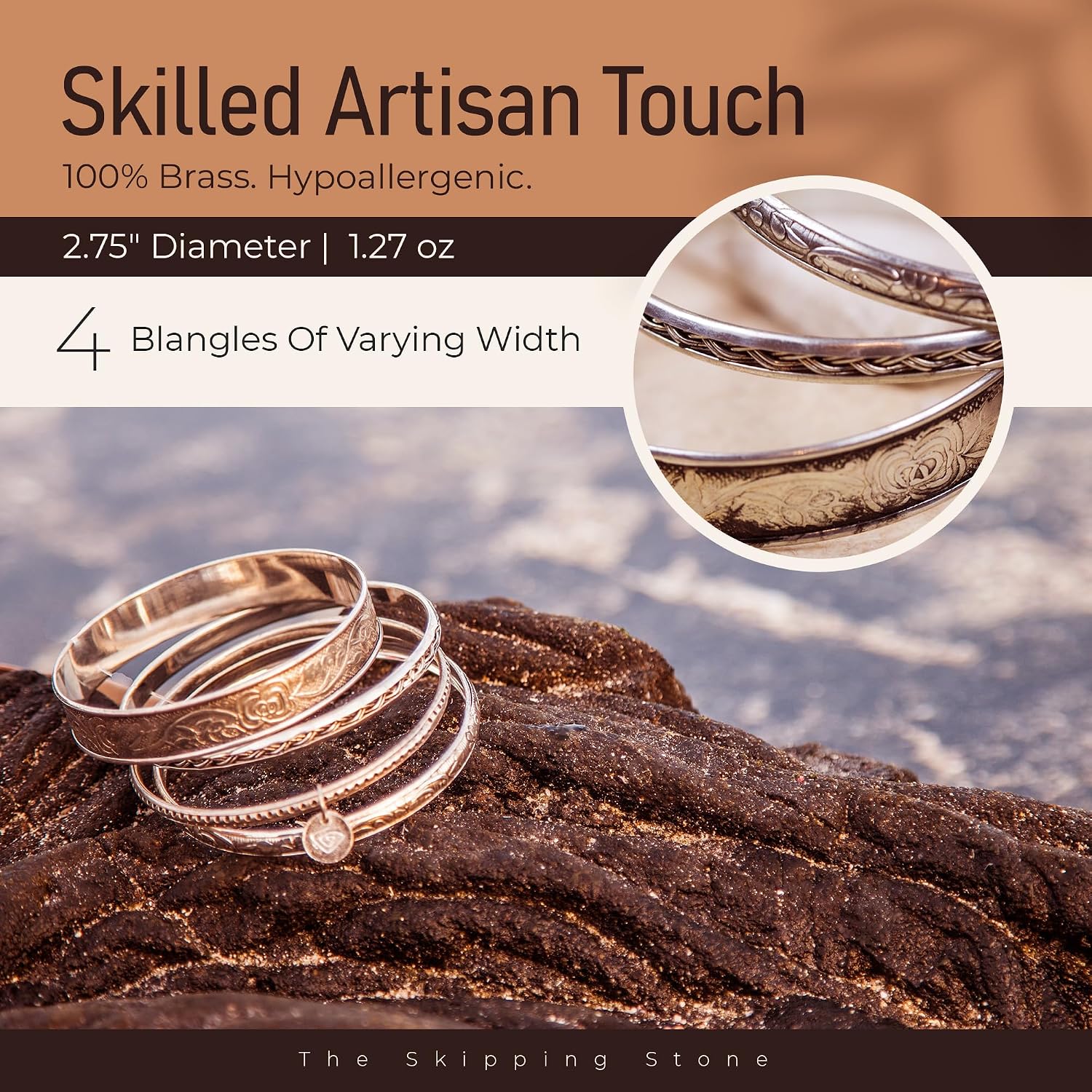 Alia Bangle Bracelets Set - Set of 4 Handmade Brass Bangles with Silver Plating - Durable & Lightweight Bangles for