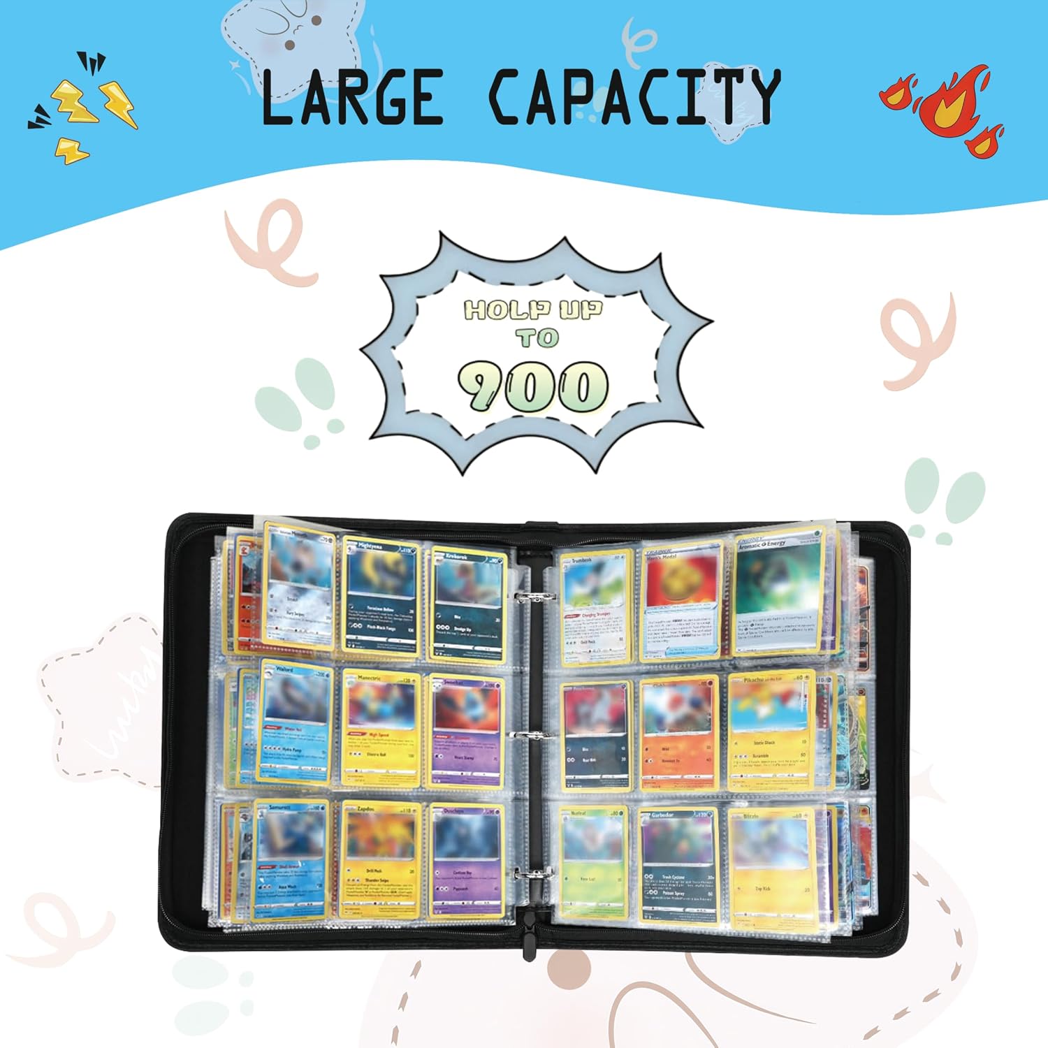 9 Pocket Trading Card Binder, 900 Pockets Card Collection Album | 50 Removable Sleeves,Double Sided Pocket,with Zip