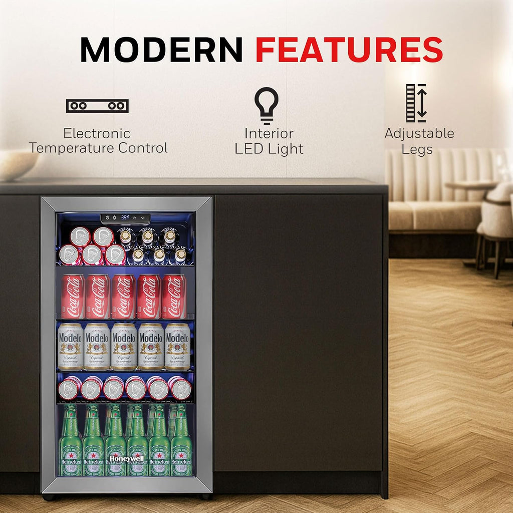 Beverage Refrigerator and Cooler, 116 Can Mini Fridge with Glass Door for Soda Beer or Wine for Office or Bar with