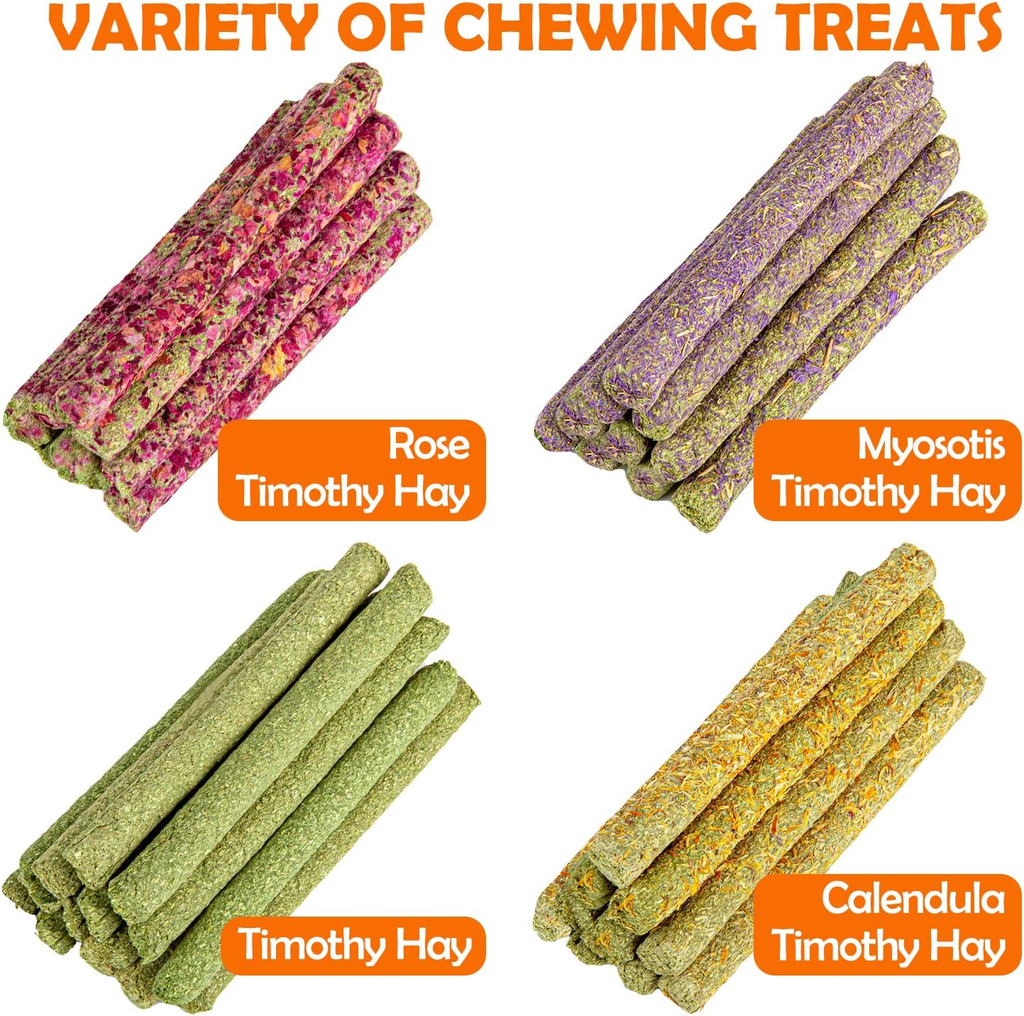 Timothy Hay Sticks - 44Pcs Natural Chews for Teeth - Handmade Rabbit & Guinea Pig Toys - Chinchilla, Rat, Hamster