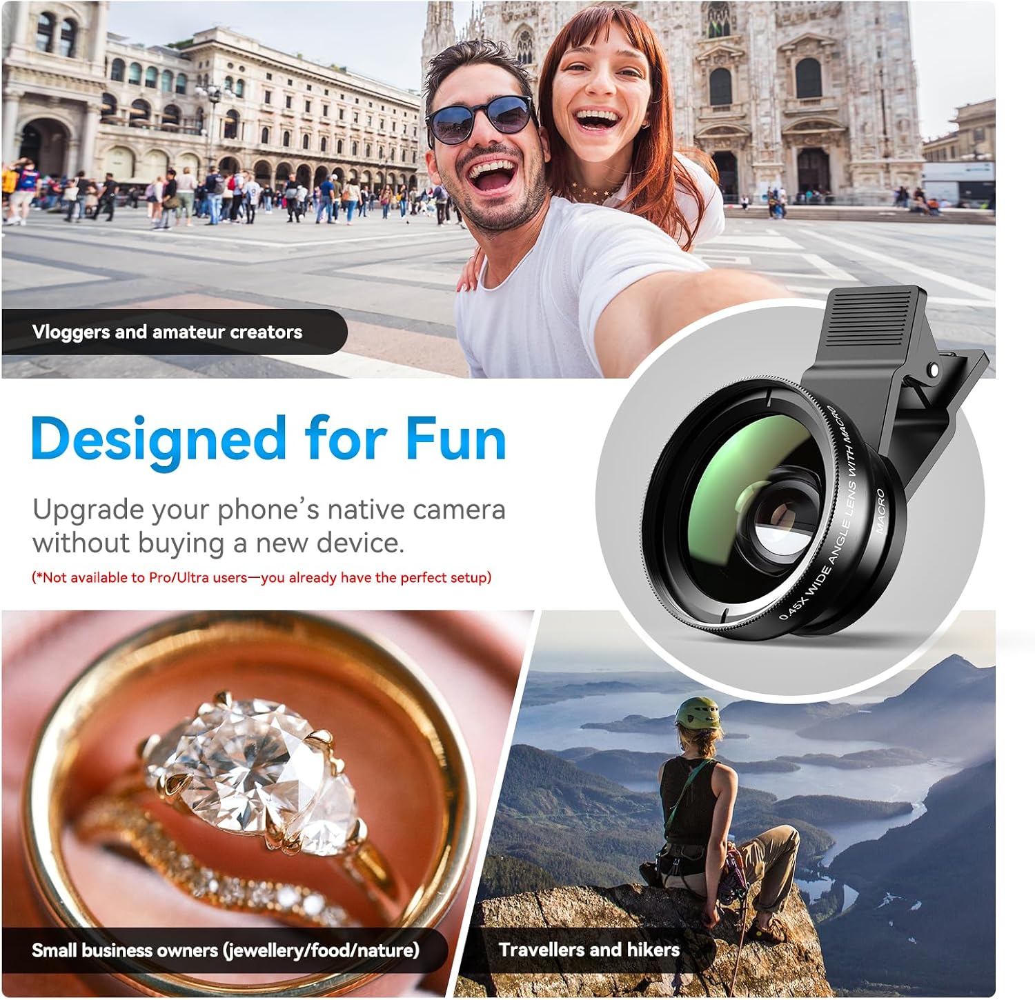 0.45x Wide Angle & 12.5X Macro Lens, Clip-On Phone Camera Kit | for iPhone & Android – Perfect for Selfies, Travel