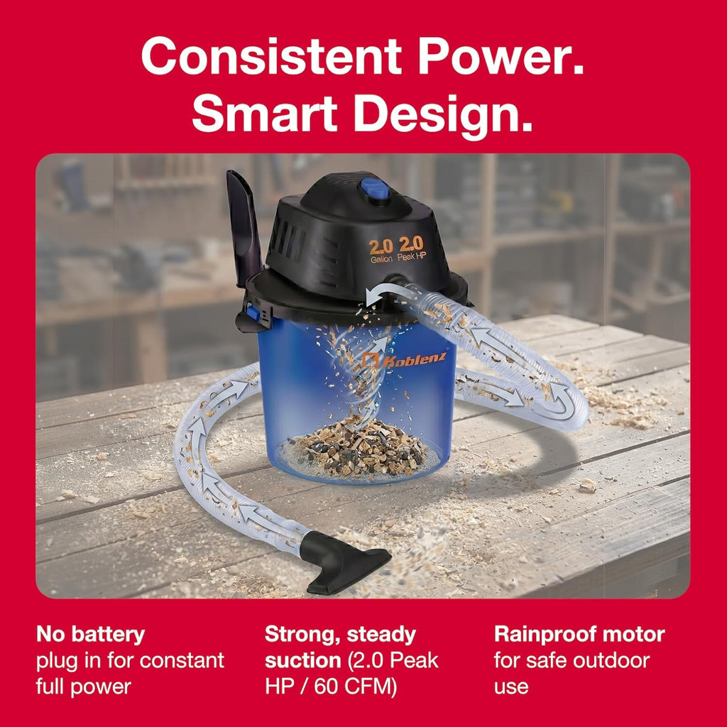 WD-2L Wet Dry Vacuum Cleaner, Home Car Garage Workshop, 2.0 PHP | 60 CFM, 10 Ft Reach, Twist-N-Lock Hose, Small Shop