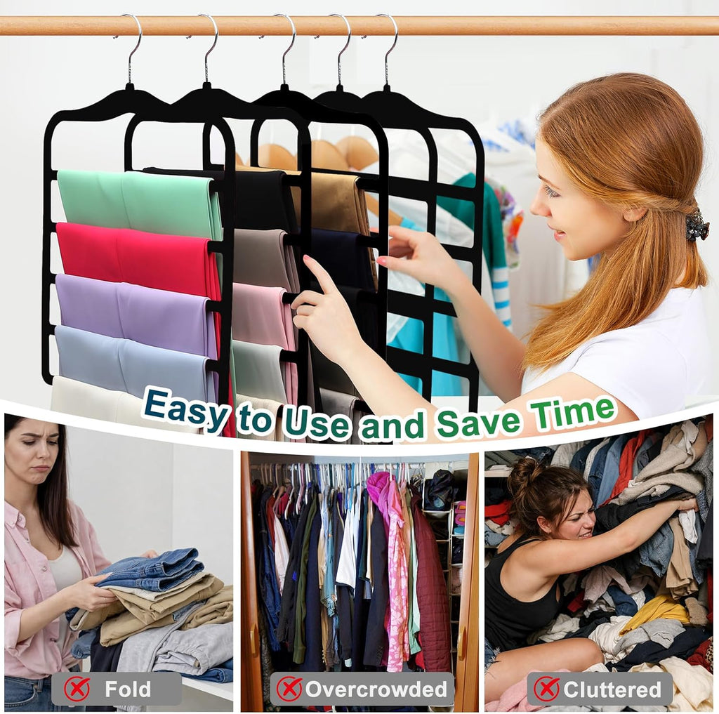 Closet Organizers and Storage, 3 Pack Pants-Hangers-Space-Saving, Velvet Non Silp 5 Tier Scarf Jeans Closet
