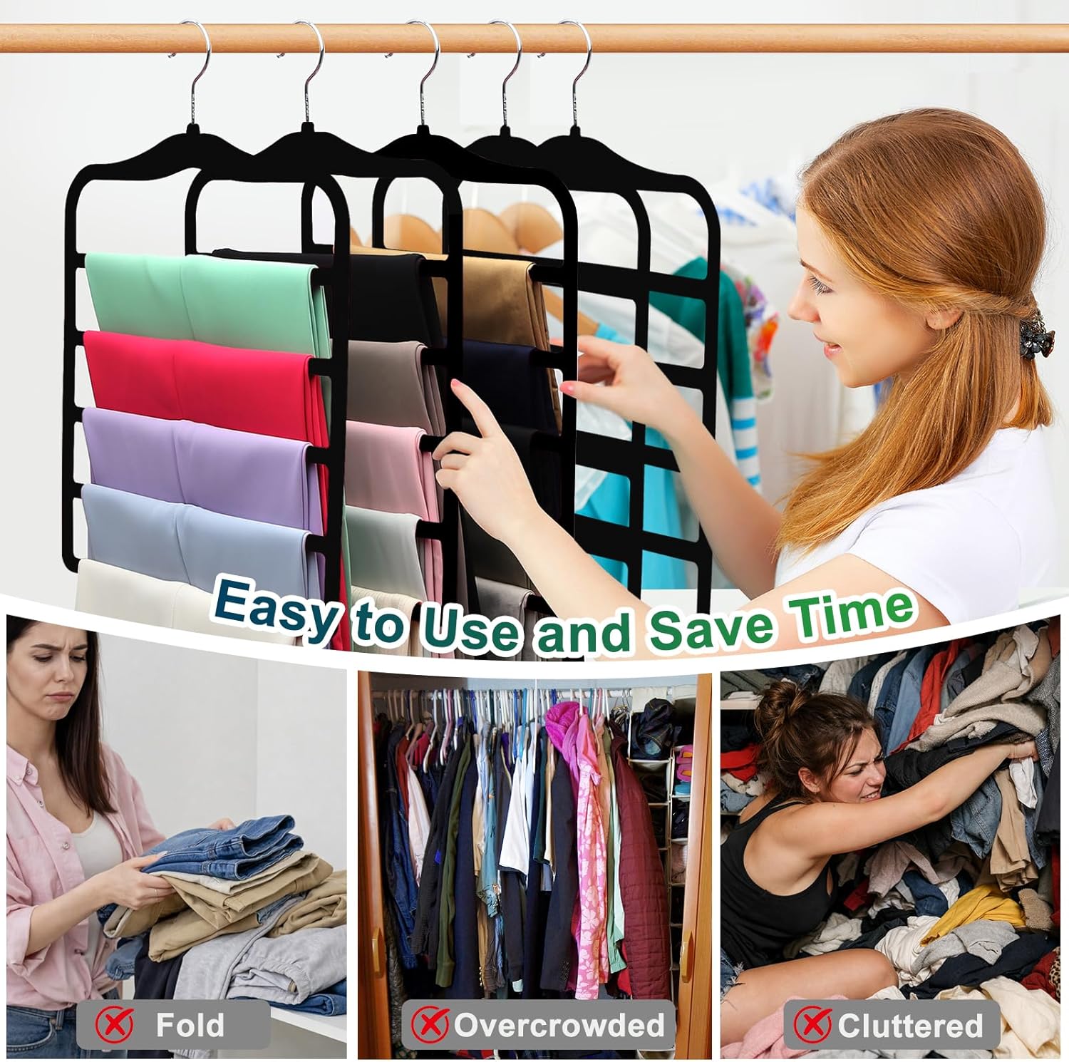 Closet Organizers and Storage, 3 Pack Pants-Hangers-Space-Saving, Velvet Non Silp 5 Tier Scarf Jeans Closet