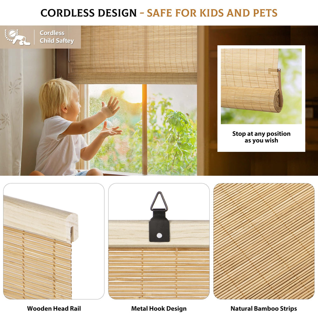 Cordless Bamboo Blinds, 23"x72", Carbonized